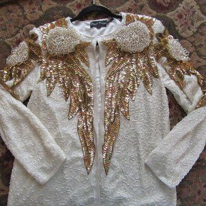 Vintage 80s beaded top sequin pearl bead sz S silk